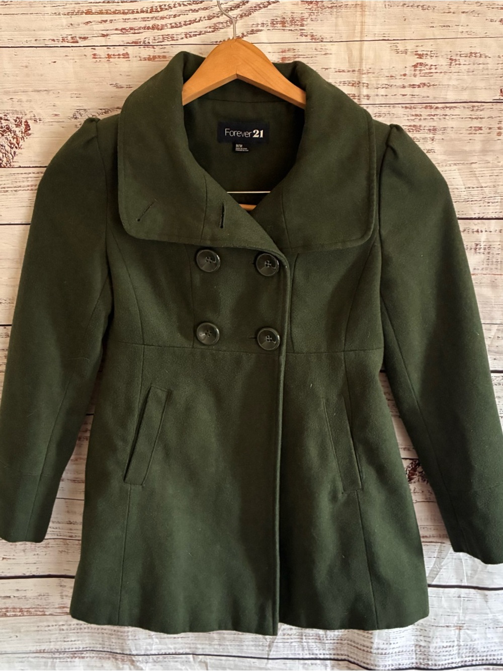 Vintage Forever 21 Olive Green Double-Breasted Pea Coat Medium